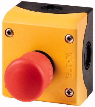 Кнопка аварийной остановки защищенная, 1 замыкающий + 1 размыкающий контакты, цвет красный, цвет корпуса желтый