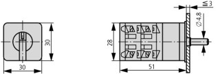 Реверсивный переключатель , 2р , Iu = 10А, Пол. 1-0-2 , 45 °,  30x30 мм , переднее крепление