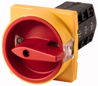 Главный выключатель , 6P , Iu = 10A, красно-желтая ручка, Пол. 0-1 , 90 °,  30x30 мм переднее крепление
