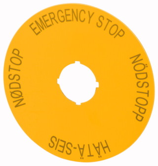 Знак, аварийная остановка , желтый, D = 90 мм, 4-х языках , EN, С.В., FI , HU