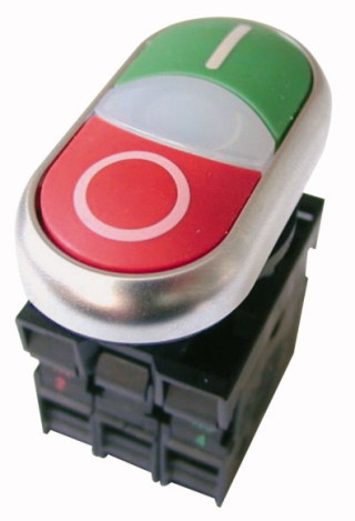 Двойная кнопа со встроенной подсветкой белой линзы в сборе, 1 Р + 1 З контакты, цвет зеленый/красный