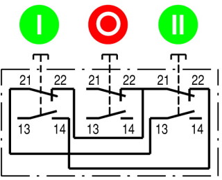 Пост с тремя копками, 3 размыкающих + 3 замыкающих контакта с обозначениями I O II