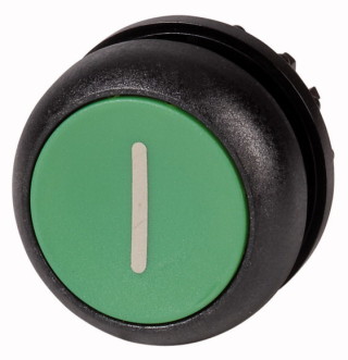 Головка кнопки без фиксации, цвет зеленый с обозначение I, черное лицевое кольцо