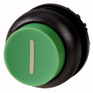 Головка кнопки выступающая без фиксации, цвет зеленый, черное лицевое кольцо
