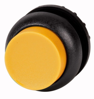 Головка кнопки выступающая с фиксацией, цвет желтый, черное лицевое кольцо