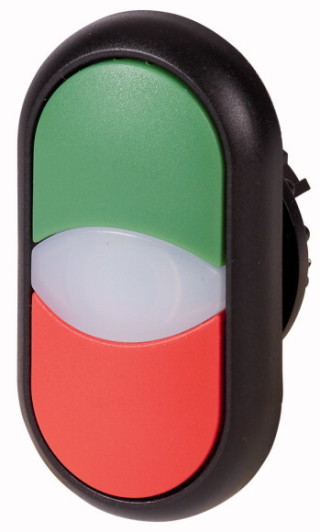  Сдвоенная кнопка с сигнальной лампой, без фиксации, цвет зеленый+красный, черное лицевое кольцо