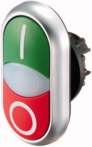  Сдвоенная кнопка с сигнальной лампой, без фиксации, цвет зеленый+красный с обозначением I O