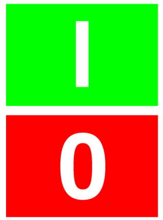  Сдвоенная кнопка с сигнальной лампой, без фиксации, цвет зеленый+красный с обозначением I O, черное лицевое кольцо