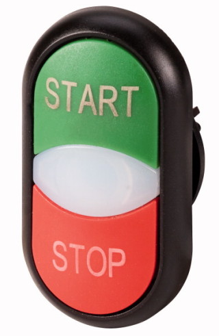 Двойная кнопка с сигнальной лампой с обозначением "start", "stop", цвет зеленый/красный, черное лицевое кольцо