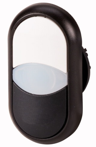  Сдвоенная кнопка с сигнальной лампой, без фиксации, цвет белый+черный, черное лицевое кольцо