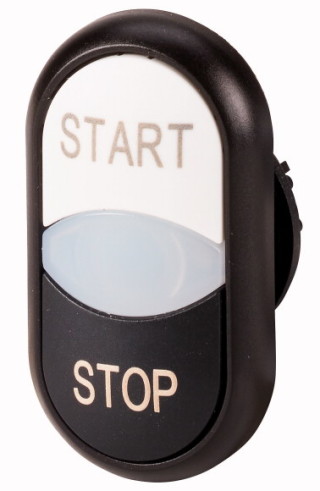 Двойная кнопка с сигнальной лампой с обозначением "start", "stop", цвет белый/черный, черное лицевое кольцо