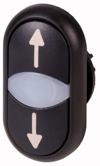 Двойная кнопка с сигнальной лампой с обозначением стрелок, цвет белый/черный, черное лицевое кольцо