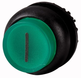 Головка кнопки выступающая с фиксацией, с подсветкой, цвет зеленый, черное лицевое кольцо
