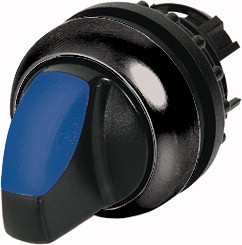 Переключатель с поворотной ручкой 2-х позиционный 60⁰, c фиксацией, цвет синий с подсветкой, черное лицевое кольцо
