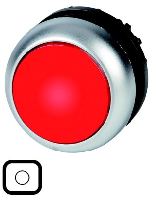 Головка кнопки с подсветкой, без фиксации, цвет красный с обозначение О, черное лицевое кольцо
