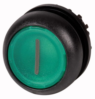 Головка кнопки с подсветкой, без фиксации ,цвет зеленый с обозначением I, черное лицевое кольцо