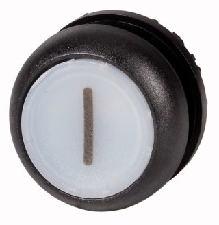 Головка кнопки с подсветкой, без фиксации ,цвет белый с обозначением I, черное лицевое кольцо