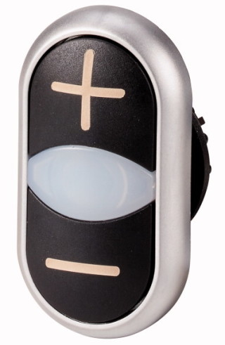 Двойная кнопка с сигнальной лампой с обозначением + -, цвет белый/черный