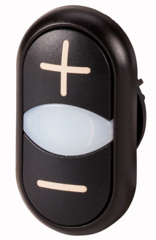 Двойная кнопка с сигнальной лампой с обозначением + -, цвет белый/черный, черное лицевое кольцо