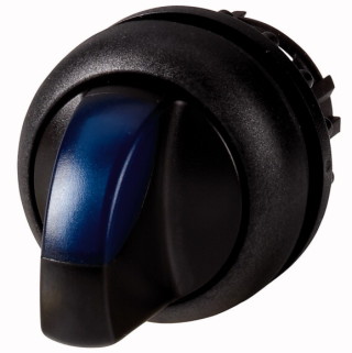Переключатель с поворотной ручкой V-позиционный 60⁰, с фиксацией, цвет синий с подсветкой, черное лицевое кольцо