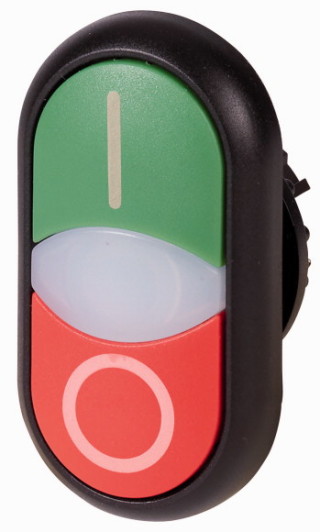 Двойная кнопка с сигнальной лампой, лампа и кнопка I - плоские, кнопка О выступающая, черное лицевое кольцо