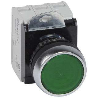Кнопка с потайным толкателем ∅ 22,3 - Osmoz - в сборе - с подсветкой - зеленый - 230 В~