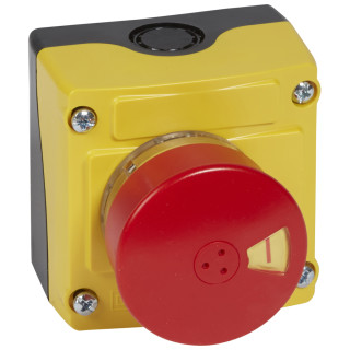Кнопочный пост управления в сборе с 1 кнопкой - Osmoz - желтая крышка - кнопка авар. откл. с гриб. головкой+контакт Н.З.