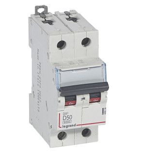 Автоматический выключатель DX³ 6000 - 10 кА - тип характеристики D - 2П - 230/400 В~ - 50 А - 2 модуля