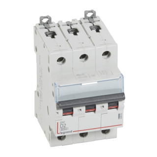 Автоматический выключатель DX³ 6000 - 10 кА - тип характеристики D - 3П - 400 В~ - 2 А - 3 модуля