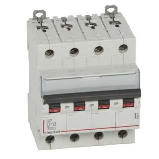 Автоматический выключатель DX³ 6000 - 10 кА - тип характеристики D - 4П - 400 В~ - 10 А - 4 модуля