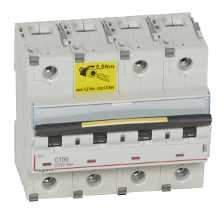 Автоматический выключатель DX³ 10000 - 16 кА - тип характеристики С - 4П - 400 В~ - 100 А - 6 модулей