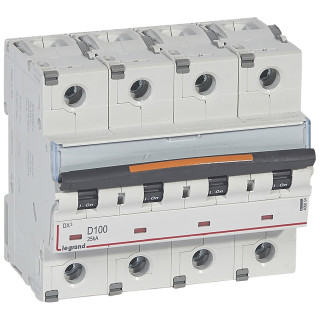 Автоматический выключатель DX³ - 25 кА - тип характеристики D - 4П - 400 В~ - 100 А - 6 модулей