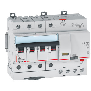 Автоматический выключатель дифференциального тока DX³ 6000 - 10 кА - тип характеристики С - 4П - 400 В~ - 63 А - тип AС - 30 мА - 7 модуля