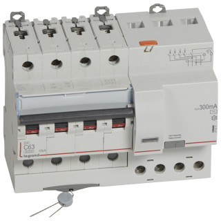 Автоматический выключатель дифференциального тока DX³ 6000 - 10 кА - тип характеристики С - 4П - 400 В~ - 63 А - тип AС - 300 мА - 7 модуля