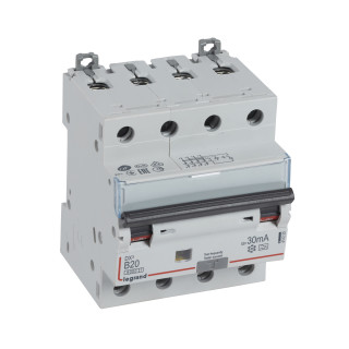 Автоматический выключатель дифференциального тока DX³ 6000 - 10 кА - тип характеристики B - 4П - 400 В~ - 20 А - тип A - 30 мА - 4 модуля