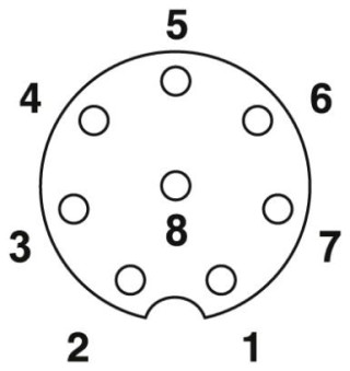 Схематический чертеж, Расположение контактов штекера М8, 8 контактов, вид со стороны штыревой части