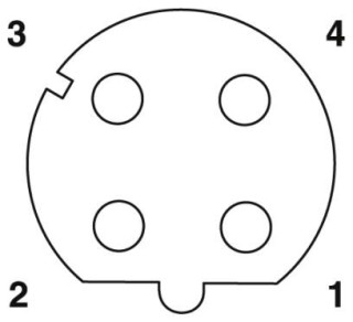 Схематический чертеж, Расположение контактов гнездовой части М12, 4 контакта, с механическим ключом типа D, вид со стороны гнезда