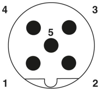Схематический чертеж, Расположение контактов штыревой части М12, 5 контакта, с механическим ключом типа В, вид со стороны штыревых контактов