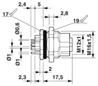 Чертеж, Встраиваемая розетка M12, подключение под углом 180°, длина контакта: 6 мм