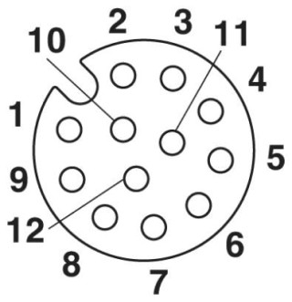 Схематический чертеж, Расположение контактов гнездового разъема М12, 12-полюсн., вид со стороны гнездовой части