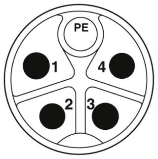 Схематический чертеж, Расположение контактов вилки М12, 5 полюсов, с механическим ключом K-типа, вид со стороны штыревой части
