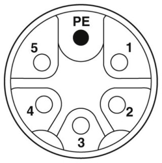 Схематический чертеж, Расположение контактов гнезда M12, 6-пол., с мех. ключом M, вид со стороны гнезда