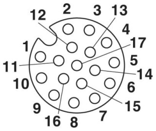 Схематический чертеж, Расположение контактов гнездового разъема М12, 12-полюсн., вид со стороны гнездовой части