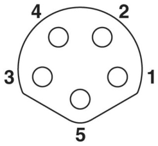 Схематический чертеж, Схема контактов гнезда М8, 5-конт., кодировка В, вид со стороны штыревой части