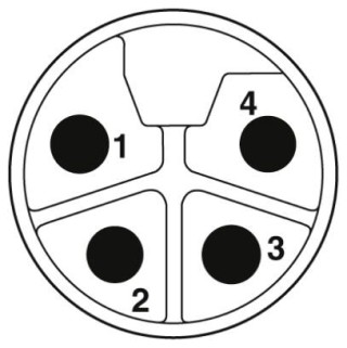 Схематический чертеж, Расположение контактов штекера М12, 4-пол., мех. ключ L, вид со стороны штыревой части