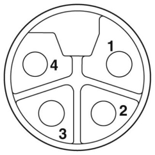 Схематический чертеж, Расположение контактов гнезда M12, 4-пол., с мех. ключом L, вид со стороны гнезда