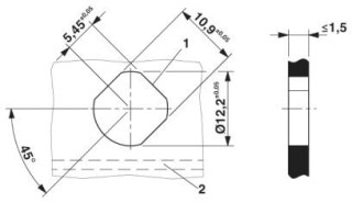 Чертеж, Wandausschnitt, Ansicht von vorne bei waagerecht liegender Leiterplatte (2). Die 3. Abflachung ist optional (1).