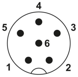 Схематический чертеж, Расположение контактов штекера М8, 6 контактов, вид со стороны штыревой части