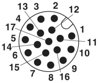 Схематический чертеж, Схема контактов штекера М17, 12-конт., с мех. ключом А, вид со стороны штекерной части