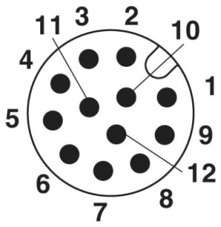 Схематический чертеж, Расположение контактов штекера М12, 12-полюсн., вид со стороны штыревой части